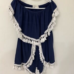 Pre-owned OCEAN DRIVE size Medium Navy Blue Sleeveless Romper with White Tassels